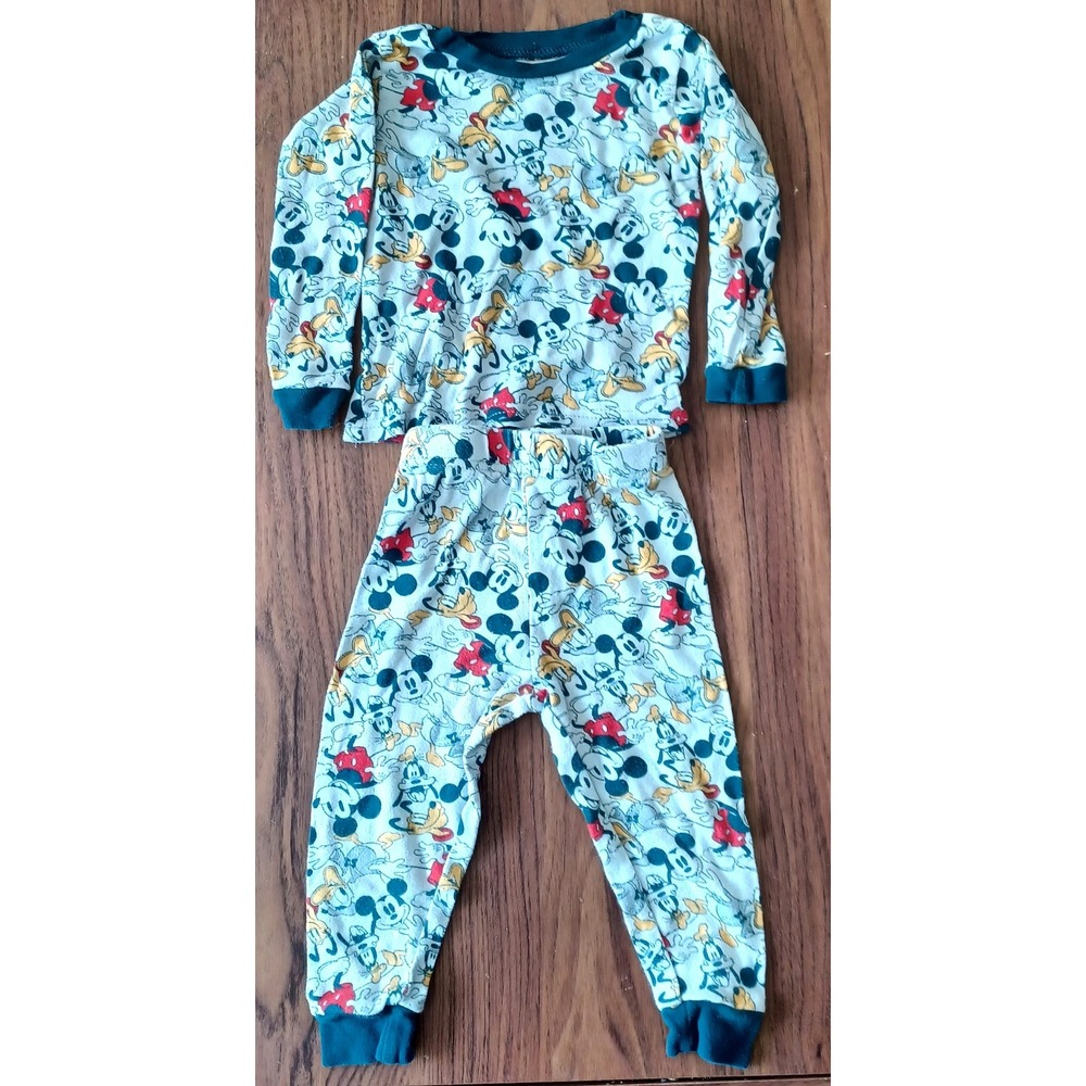 Disney 2pc Pajama Set Toddler 2T Teal Mickey Mouse Donald Duck Pluto Snug Fit
